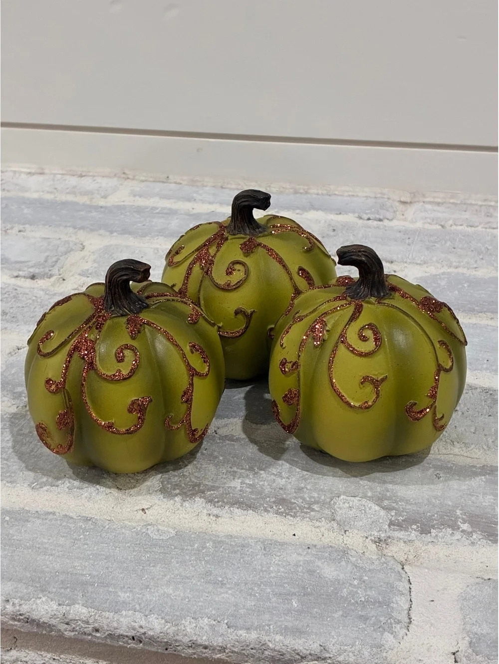 Set of 3 Decorative Green Glitter Accent Pumpkins